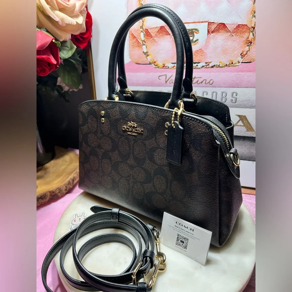 Coach Mini Lillie Carryall in signature coated canvas and smooth black leather. - Picture 6 of 12